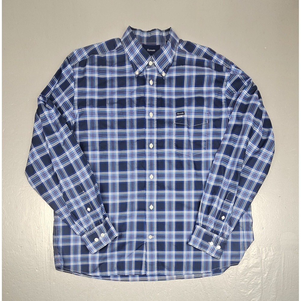 Façonnable Button Down Shirt Mens XXL Blue Plaid Casual Preppy Long Sleeve